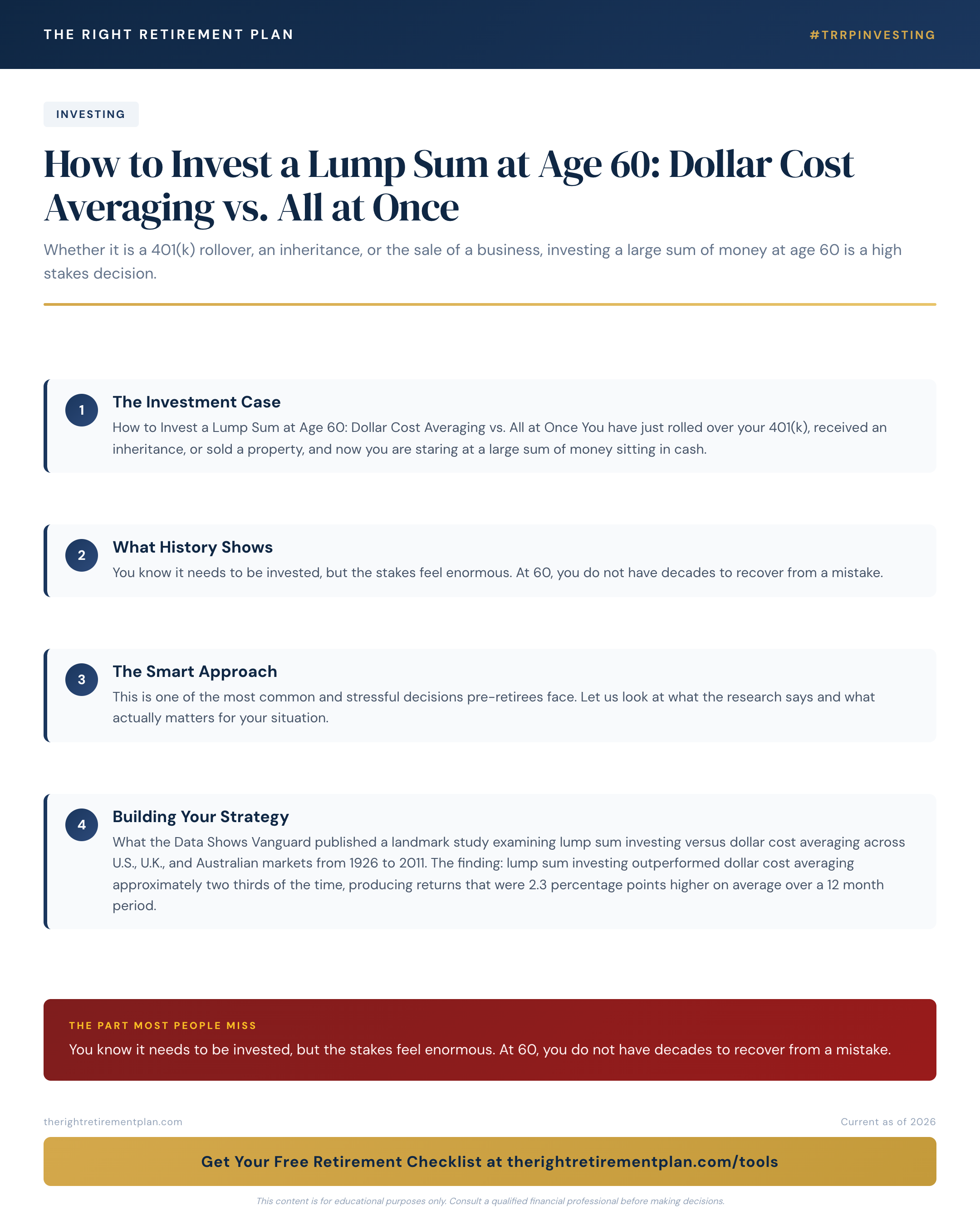 How to Invest a Lump Sum at Age 60: Dollar Cost Averaging vs. All at Once