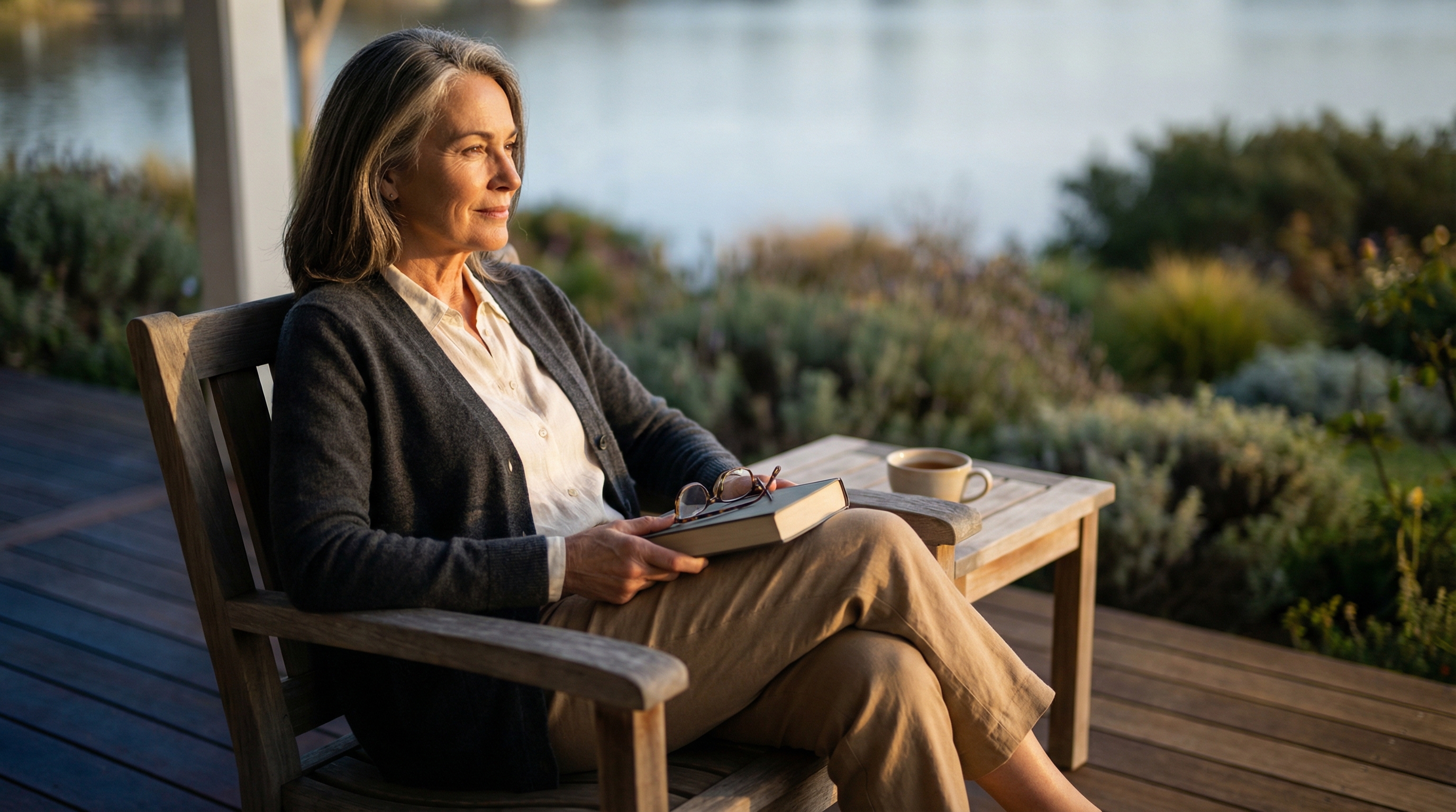 Woman reading on waterfront porch at golden hour