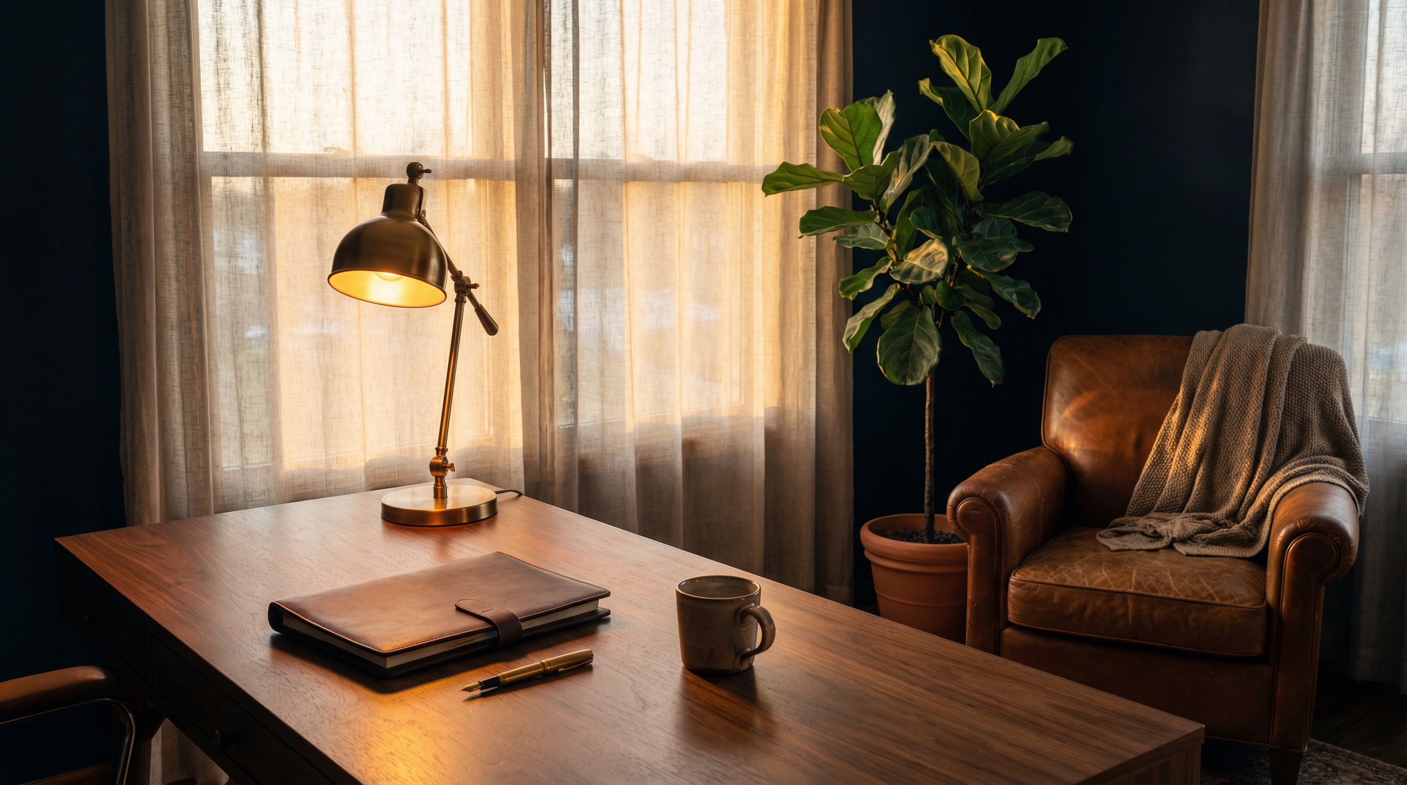 Warm study with leather chair and lamp at golden hour