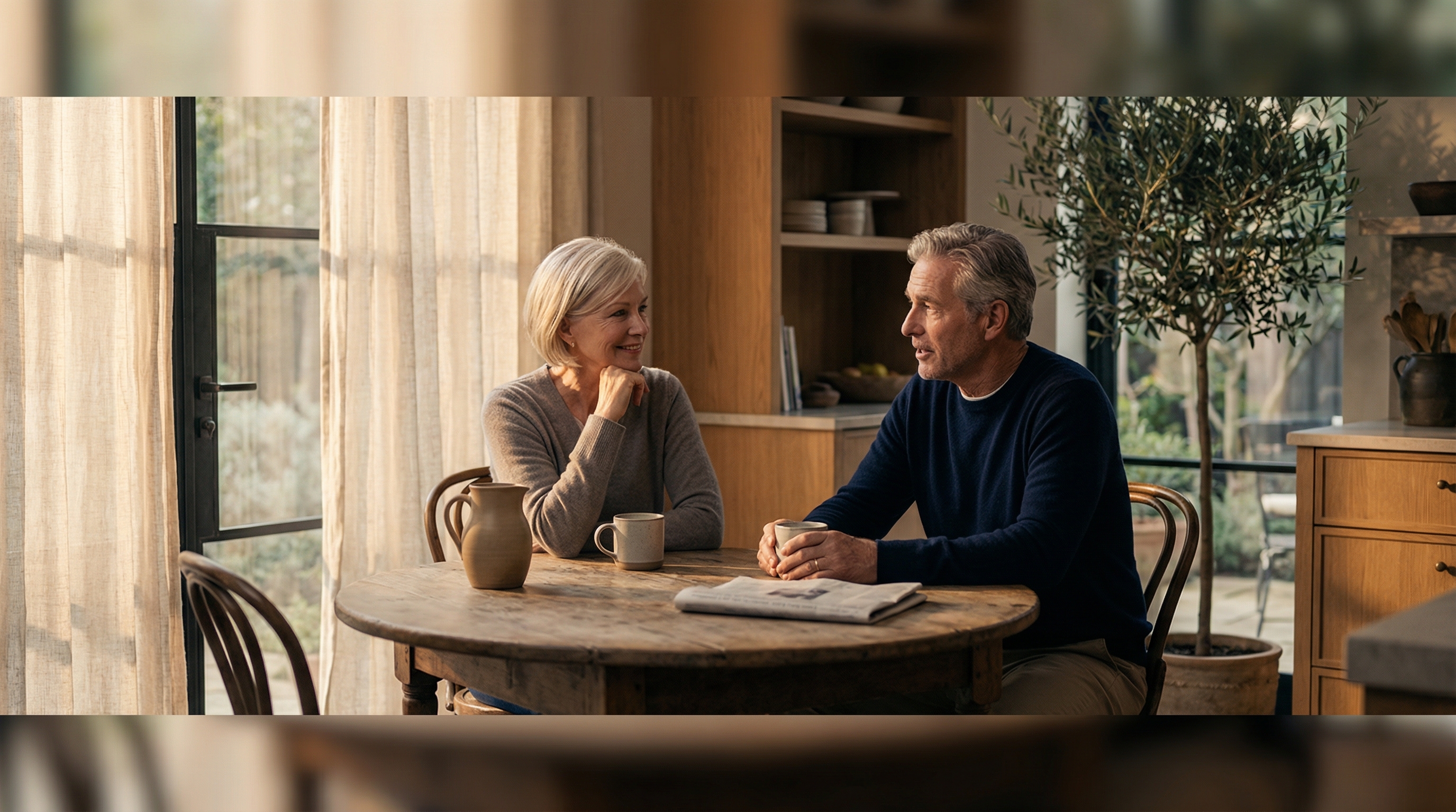 Couple in conversation at sunlit breakfast nook