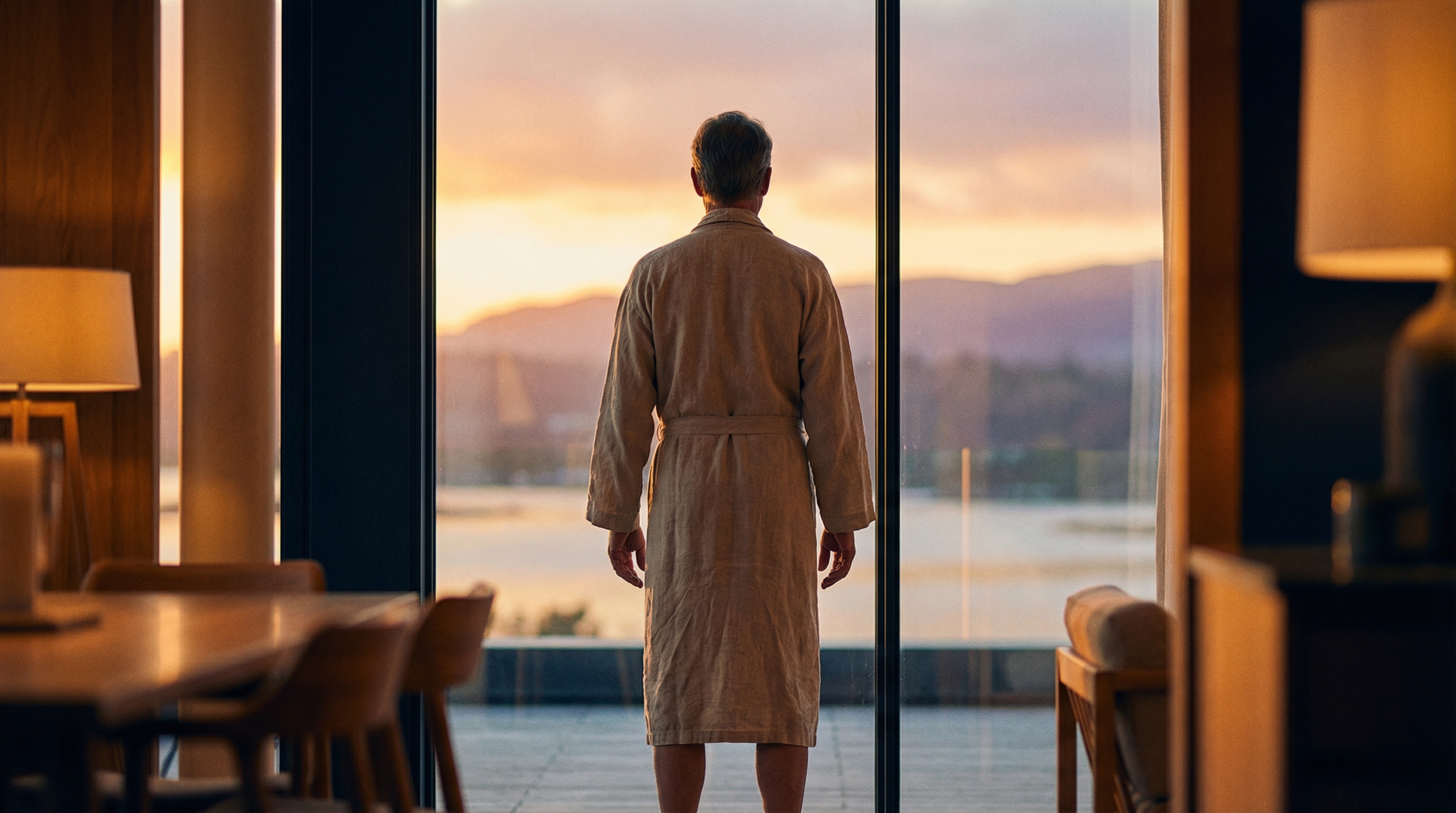 Figure at window looking toward sunrise