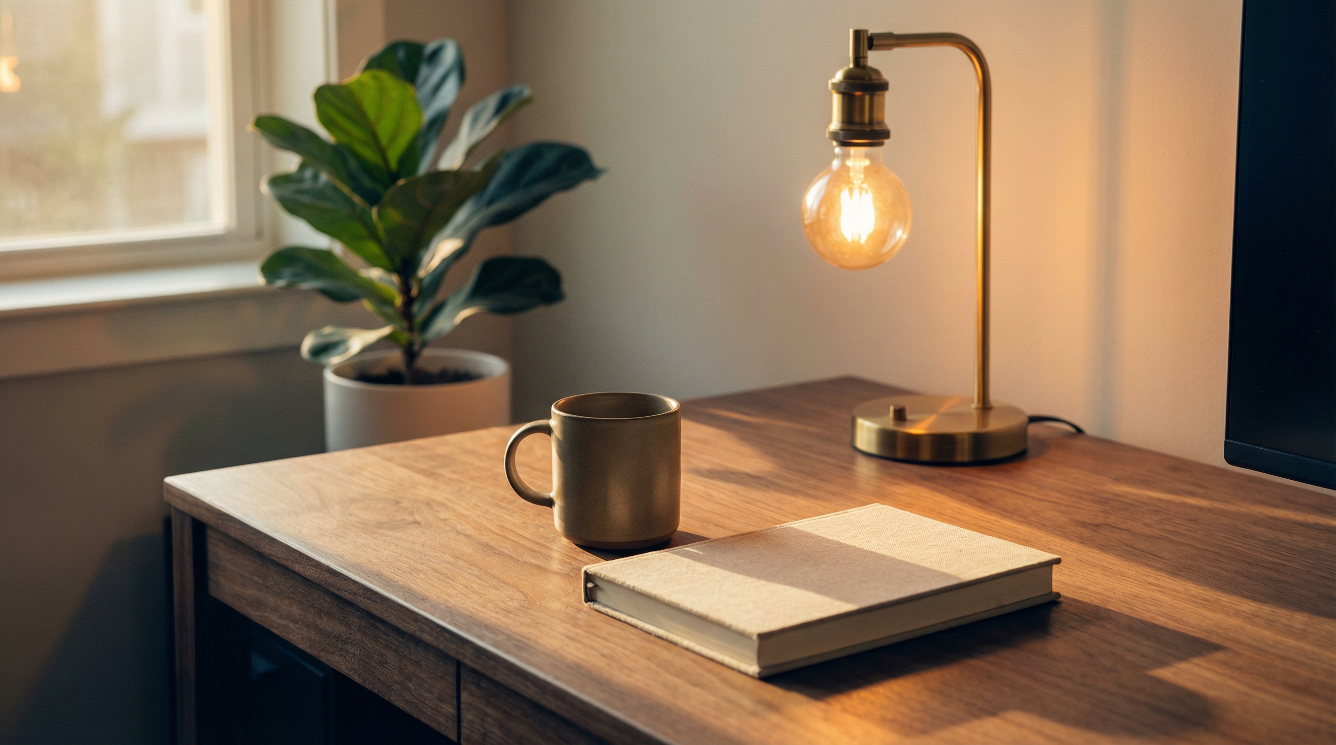 Warm modern desk with notebook and lamp